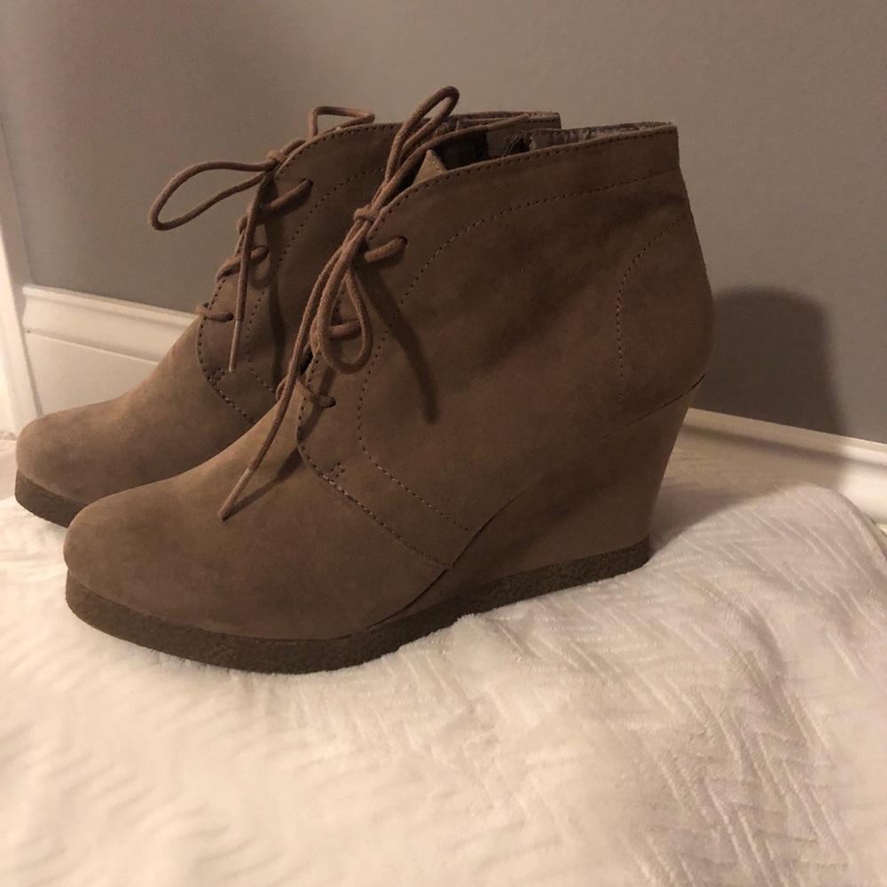 NEW tan suede booties wedge heel
